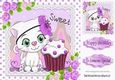 Cute white kitty in lace, polkadot 8x8 with lilac roses