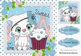 Cute white kitty in lace,  polkadot  8x8  with blue roses