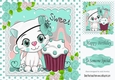 Cute white kitty in lace, polkadot 8x8 with turq roses