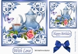 pretty ornate card front/insert with leaves in blue 7x7 tea time