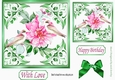 pretty ornate card front/insert with leaves in green 7x7 flowers with birds