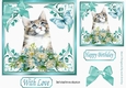 pretty ornate card front/insert with leaves in turq 7x7 kitten with flowers