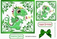  ornate card front/insert with leaves, bright green 7x7 with a bright green  dragon