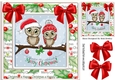 Cute pair of owls on a branch with snow and red bows 8x8