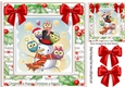 Cute owls sitting on a snowman with red bows card front 8x8