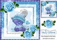 Cute teddy in snow frame  with blue roses 8x8