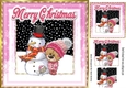 Cute teddy in pink knitted hat with snowman 8x8