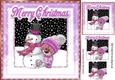 Cute teddy in lilac knitted hat with snowman 8x8
