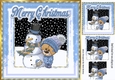 Cute teddy in blue knitted hat with snowman 8x8
