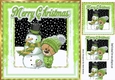 Cute teddy in green knitted hat with snowman 8x8