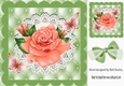 Pretty peach rose and butterflies on lace in ornate frame 8x8