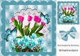 Pretty pink tulips and turq pansies with butterflies on lace in ornate frame 8x8