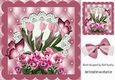 Pretty pink tulips and pink pansies with butterflies on lace in ornate frame 8x8