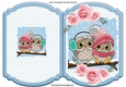 Cute owls on a branch in knitted hats, pink roses & blue star bracket card
