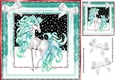 Pretty fantasy turq unicorn in snow frame with bows 8x8