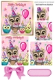 cute owl with cupcake and  friends, square pyramids