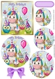 Cute rainbow unicorn with owls partying, circle pyramids