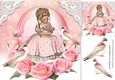 Pretty girl knelt down in glass dome with pink roses & birds 8x8