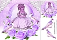 Pretty girl knelt down in glass dome with lilac roses & birds 8x8