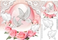 Pretty white doves in flight in glass dome with pink roses  8x8