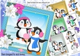 4 Cute penguins on ice with poinsettias in colours, card fronts 7x7 mini kit