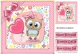 Cute owl with balloon and pink bow in polkadot frame 8x8