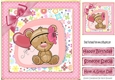 Cute teddy with balloon and pink bow in polkadot frame 8x8