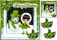 Cute girl in green with snowman in the snow 8x8