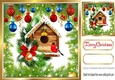 Green Holly and Baubles frame edged with gold card front 8x8 with bird house