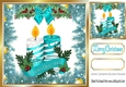 Lovely turq Holly and Baubles frame edged with gold card front/candles
