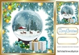 Turq Holly and Baubles frame edged with gold card front with snow globe