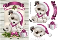 Cute white puppy in cerise santa hat on a scroll A5