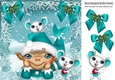 Santas Elf in turq with cheeky mice, in snowflake frame with bows 8x8