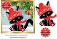 Cute black kitty in knitted red hat, with baubles 7x7