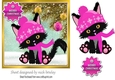 Cute black kitty in knitted cerise hat, with baubles 7x7