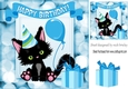 Cute black kitten with a blue balloon birthday 8x8