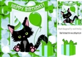 Cute black kitten with  a green balloon birthday 8x8