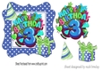 3rd Birthday in funky blue polkadot frame with present