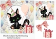 Cute black kitty in rainbow diamond frame with peach bows 7x7
