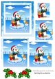 Cute penguin fishing on ice with holly square pyramids
