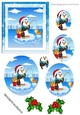 Cute penguin fishing on ice with holly oval pyramids