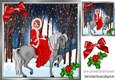 lady riding a horse in red coat in a enchanted snow woods 8x8