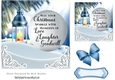 Pretty scene card front (blue) of snow/candle lamp and verse 7x7