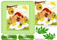 Mr Teddy watching the bees in the garden with leaves card front 7x7 (Green)