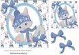 cute kitty in blue in scalloped oval frame with bows 7x7
