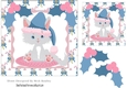Grey Kitty in a blue santa hat sat on a mat 7x7