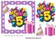 5th Birthday in funky purple polkadot frame with present 7x7