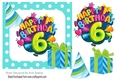 6th Birthday in funky turq polkadot frame with present 7x7