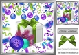 Festive card front 8x8 wih decorations and present with green bow