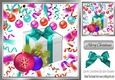 Festive card front 8x8 wih decorations and present with turq bow
